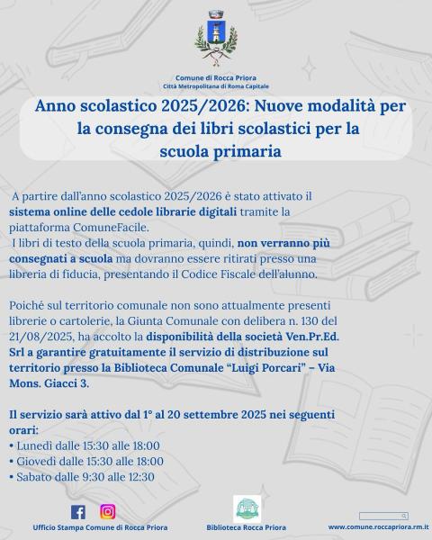 Nuove modalità per la consegna dei libri per la scuola primaria 2025-2026